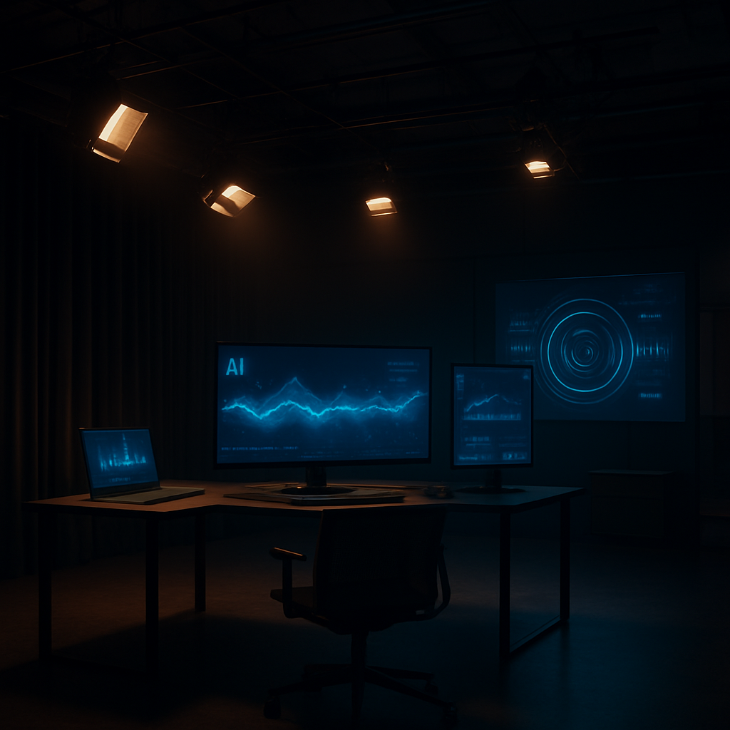 Modern AI-powered video production studio with glowing screens and cinematic lighting