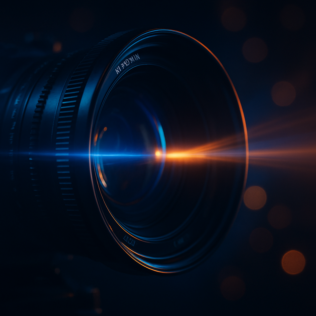 Professional cinema camera with cinematic lens flares and dramatic lighting