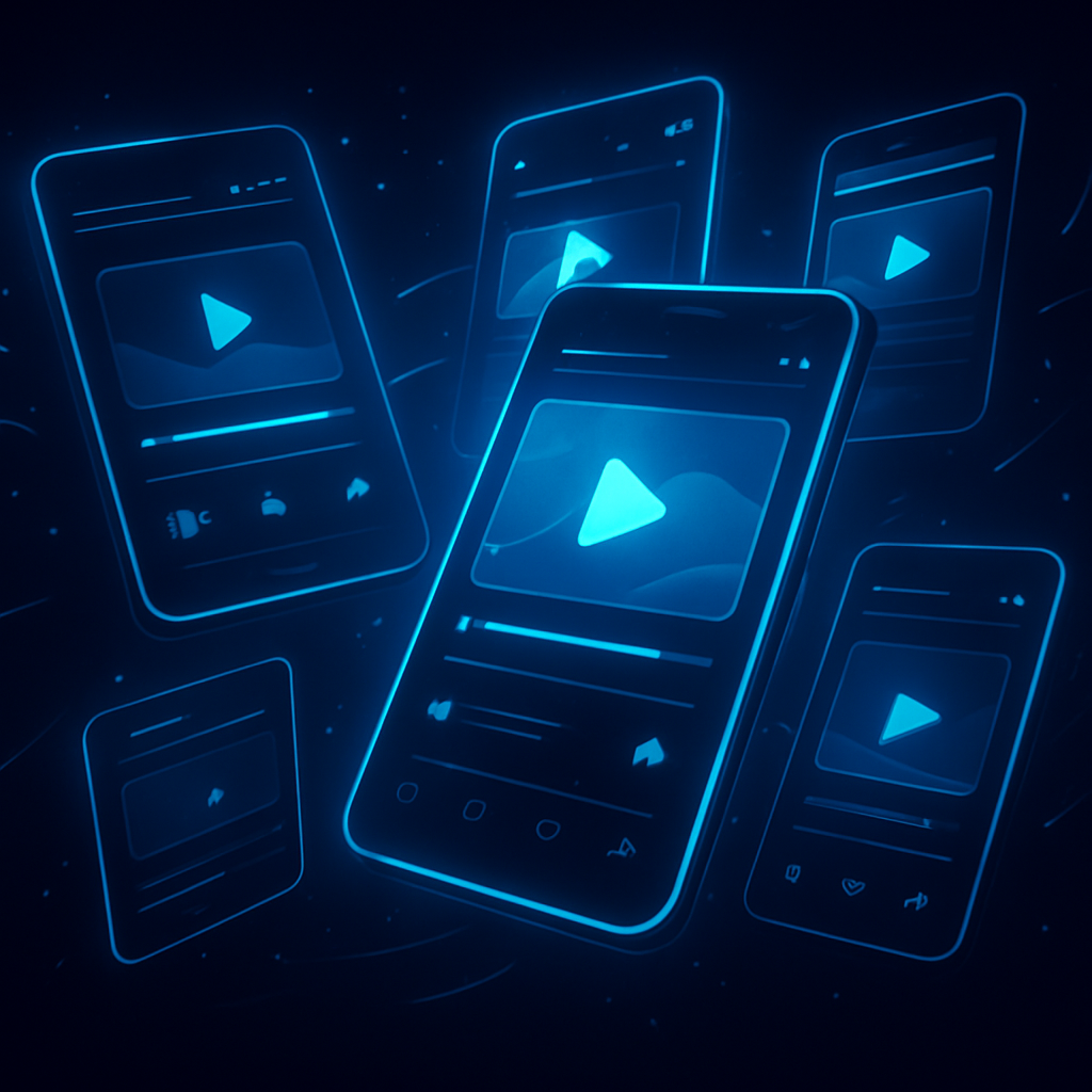 Multiple glowing smartphone screens showing dynamic social media video content